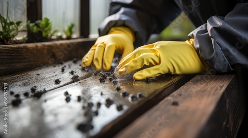 A homeowner cleaning black spotty mildew staind with bleach photo photo