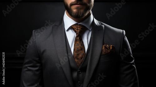 Front view of torso in elegant business suit. Isolated over black background, copy space