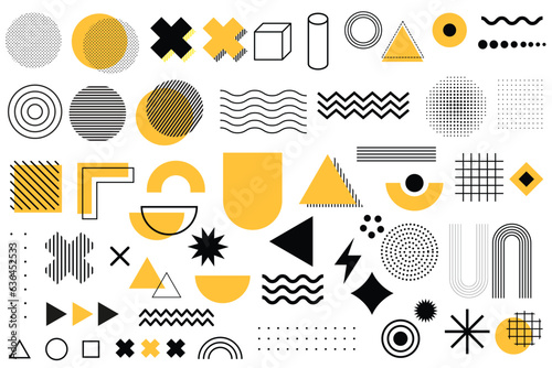 Set of abstract shape background with black yellow, Set of 100 geometric shapes. Memphis design, retro elements
