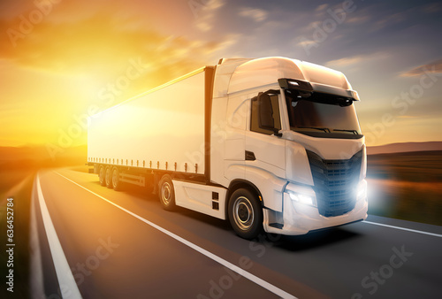 Generic and unbranded white truck speed driving at sunset, 3D illustration © Cla78