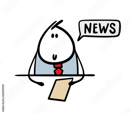 Handsome male TV announcer in a business suit is sitting at a table and reading the news. Vector illustration of a television program, live broadcast.