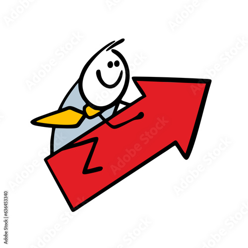 Businessman in a suit and tie sits astride a red arrow and rushes to his goal. Vector illustration of the desire for prosperity and financial success in business.