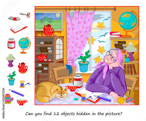 Can you find 12 objects hidden in the picture? Logic puzzle game for children and adults. An old woman looks in autumn window and dreams. Educational page for kids. Vector cartoon illustration.