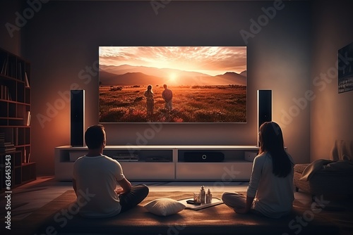 Photo a couple sitting in front of a huge flat screen television in the living-room in