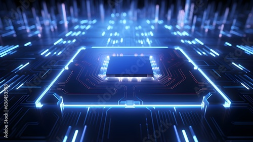 Microchip glowing in Navy Blue Colors. Technological and Futuristic Background