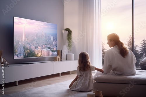 a family sitting in front of a huge flat screen television in the living-room during the day watching a movie spending leisure time together