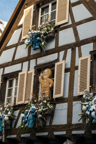 Kayserberg village at Christmas time in winter with Christmas decorations on the houses, Alsace, France.
