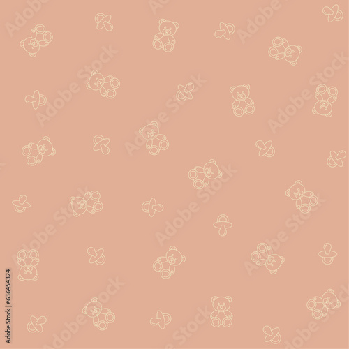 Vector illustration of a seamless pattern with baby teddy bears and pacifiers in warm colors for textile or package design, figures in random order