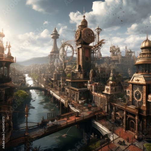 Imagine a sprawling cityscape where Victorian architecture meets futuristic machinery, with gears, cogs, and steam-powered contraptions defining the urban landscape Generative Generative AI