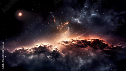 Space scene with stars, planets and asteroids in the galaxy. Panorama. Universe filled with stars, planets, asteroids, nebula and galaxy. Cosmic dust and fog. Generative AI technology.