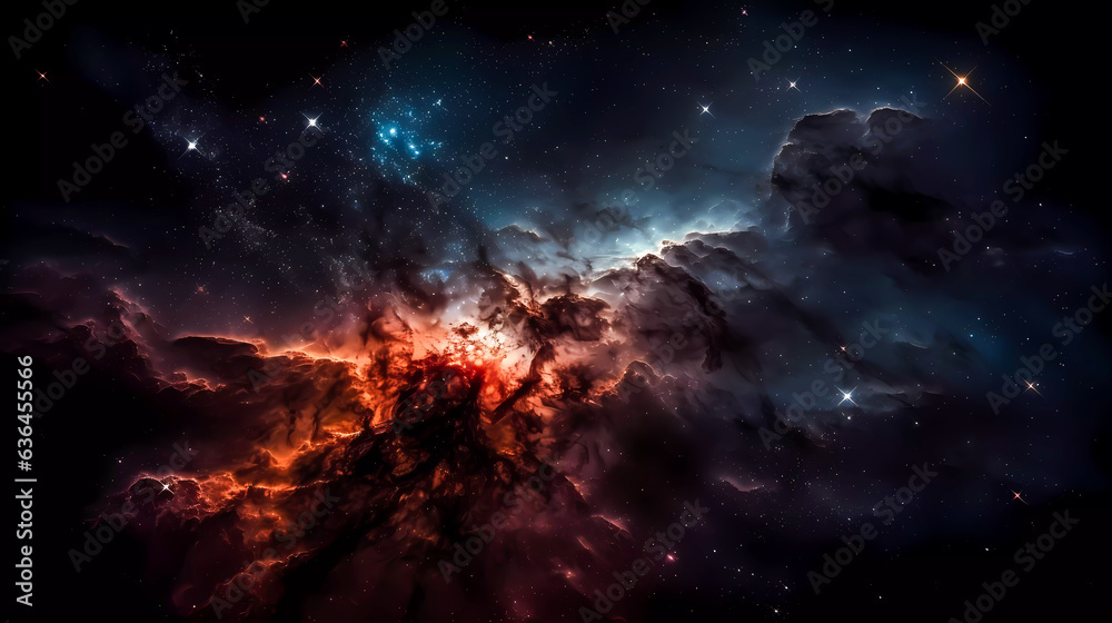 Fototapeta premium Space scene with stars, planets and asteroids in the galaxy. Panorama. Universe filled with stars, planets, asteroids, nebula and galaxy. Cosmic dust and fog. Generative AI technology.
