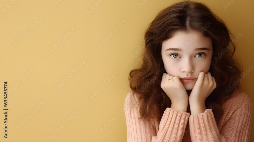 portrait of a shy girl, isolated on yellow background portrait of a shy girl, isolated on yellow background