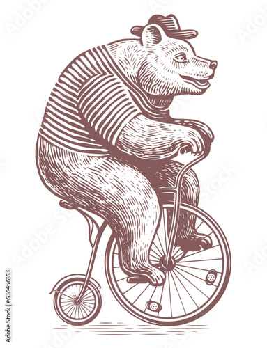 Funny Bear on retro bicycle engraving style. Circus performance. Sketch vector illustration