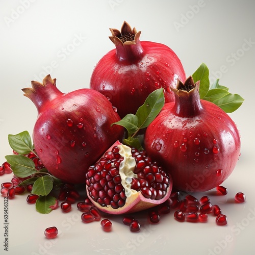 ripe pomegranate fruit with leaves on black background, Fresh red pomegranate, and seed with leaves over a black background, pomegranate closeup view 