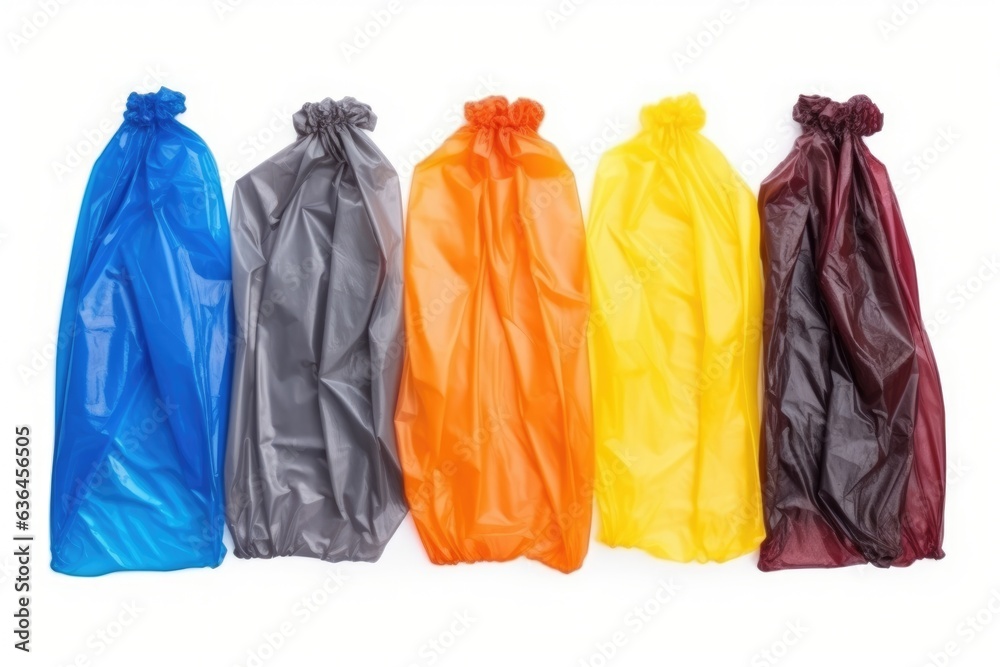 A set of colored garbage bags isolated on white background A set of colored garbage bags isolated on white background