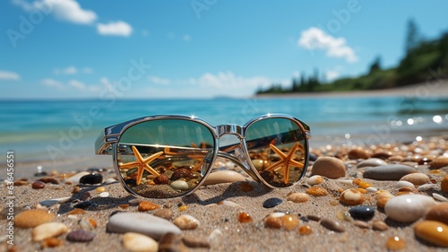 Summer background, concept beach vacation, sunny sand beach with sunglass, summer beach background