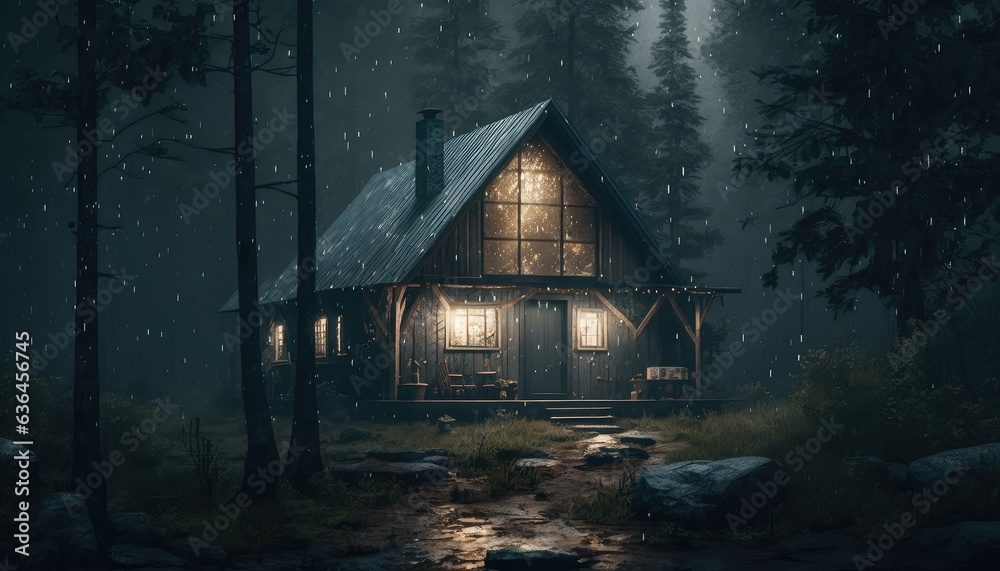 house in the rainy forest. Generative AI house in the rainy forest. Generative AI