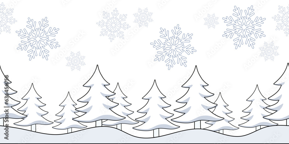 Obraz premium Winter landscape of fir trees and snowflakes on a white background. Black outline. Seamless border. Christmas vector illustration.