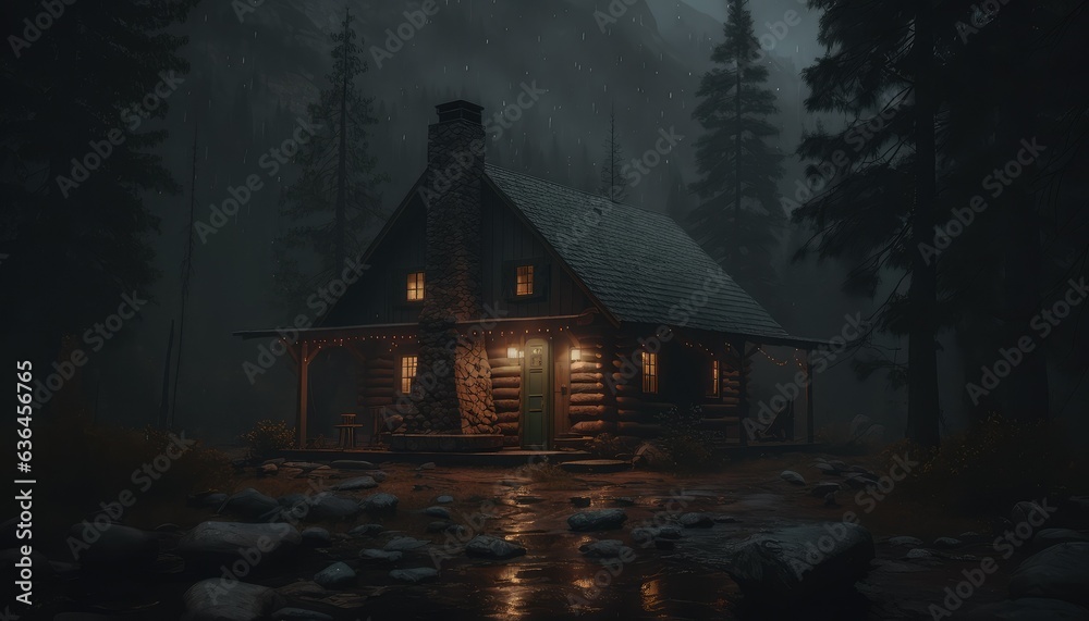 cabin in the woods at night. Generative AI cabin in the woods at night. Generative AI