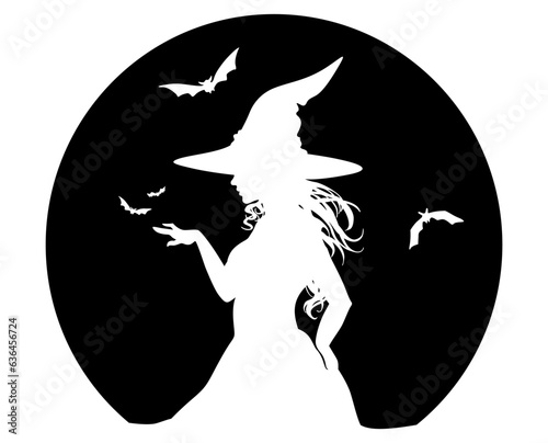 Silhouette of a beautiful witch, wizard with bats. Halloween background, fantasy and magic. Vector illustration