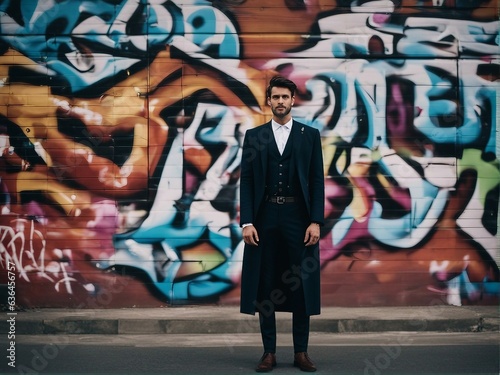 Smartly dressed man standing in front of a graffiti covered wall © Damian