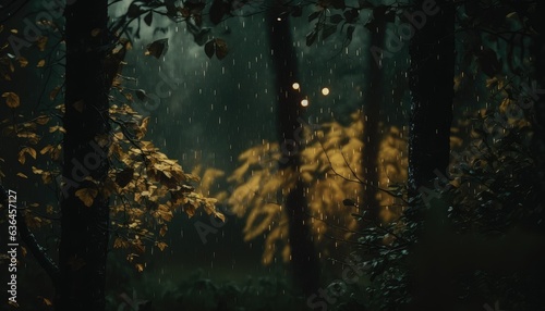 Light moody rain in forest. Generative AI