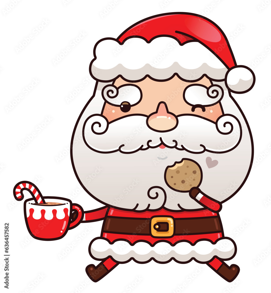 Santa Claus Eating Cookies and holding Mug of hot chocolate, Cartoon Cute, Kawaii Vector Art Santa Claus Eating Cookies and holding Mug of hot chocolate, Cartoon Cute, Kawaii Vector Art