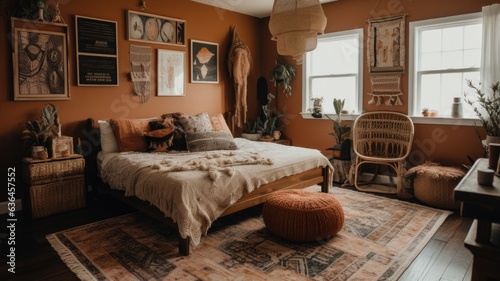 Bedroom decor, home interior design . Bohemian Mid-century style with Gallery Wall decorated with Rattan and Velvet material . Generative AI AIG26. photo