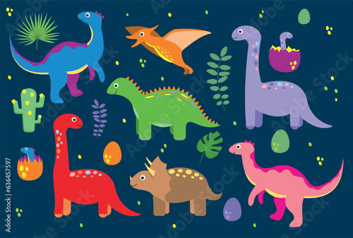 A set of cute dinosaurs. Bright colored dinosaurs. Cartoon characters dino isolated on white