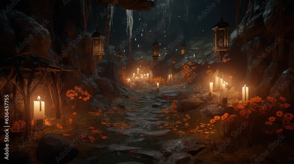 Path in the forest lit with candles. Generative AI Path in the forest lit with candles. Generative AI