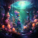 Dive into the depths of a vibrant underwater realm, where merfolk, seahorses, and ancient ruins coexist beneath the waves, bathed in the soft glow of bioluminescent flora Generative Generative AI