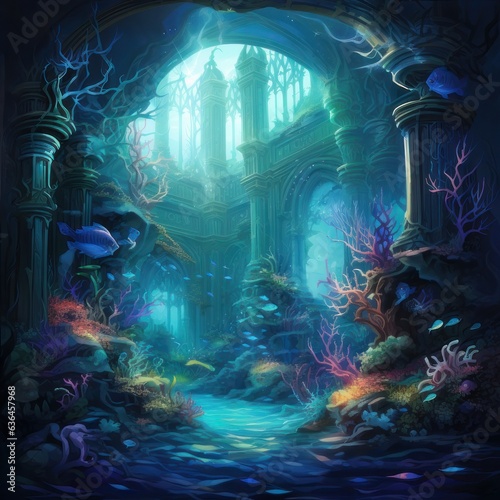 Dive into the depths of a vibrant underwater realm  where merfolk  seahorses  and ancient ruins coexist beneath the waves  bathed in the soft glow of bioluminescent flora Generative Generative AI