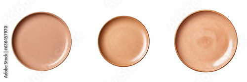 Brown ceramic plate on transparent background with nothing on it
