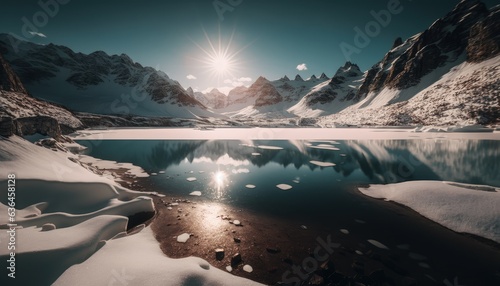 sunrise in beautiful snowy mountains. Generative AI