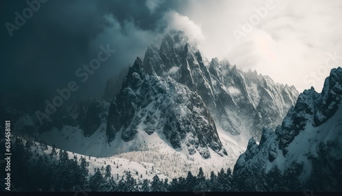 Huge snow-covered mountain peaks. Generative AI