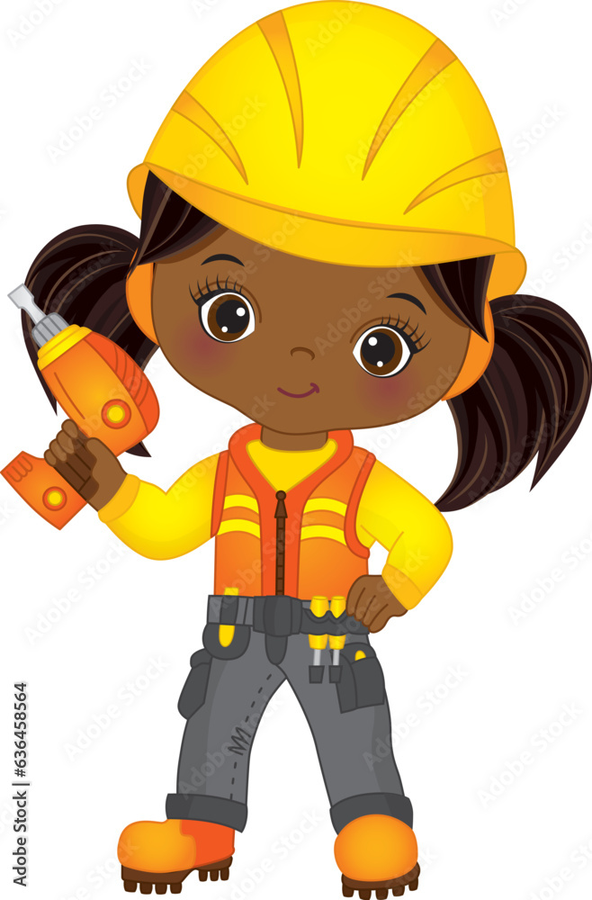 Vector Cute African African Girl Holding Drill. Vector Construction Girl Vector Cute African African Girl Holding Drill. Vector Construction Girl