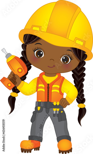 Vector Cute African African Girl Holding Drill. Vector Construction Girl 