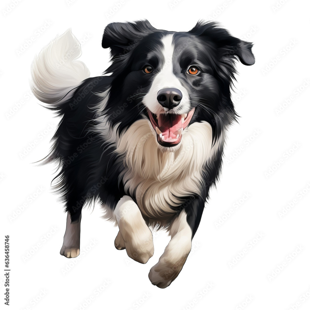a joyful black and white dog running with its mouth wide open