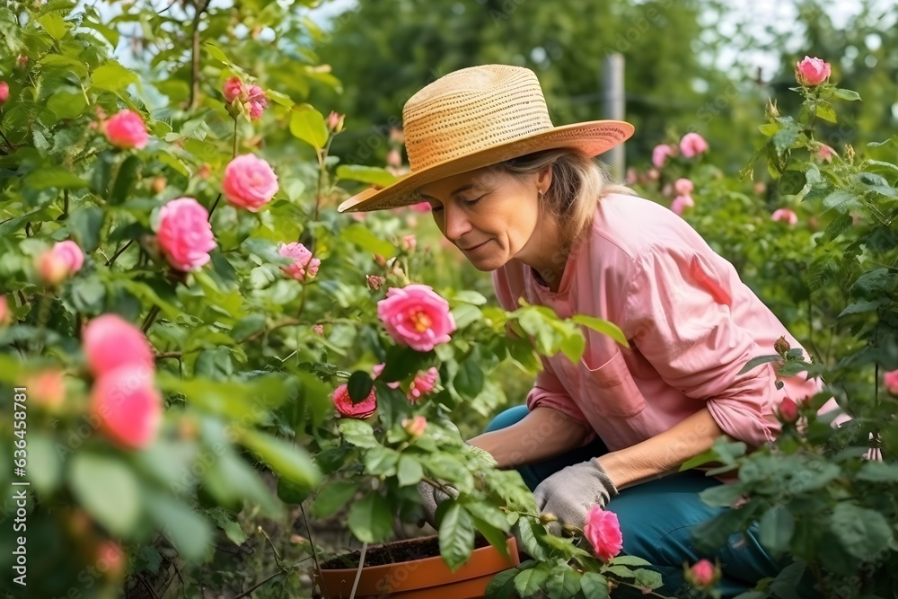 Woman working with roses in the garden