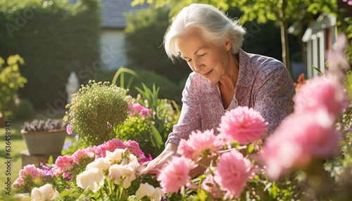 elderly woman planting flowers in front garden
