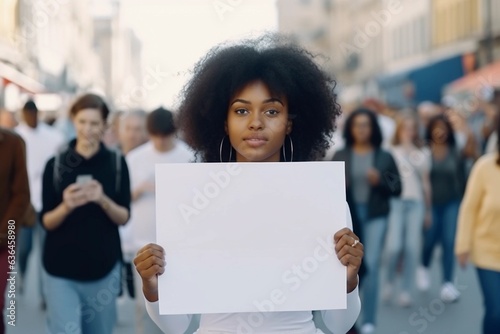 Black young woman is holding white mockup poster in her hands on the street