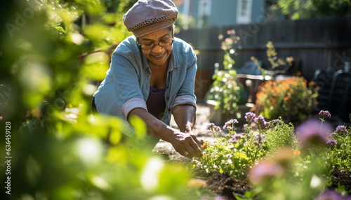 elderly black woman planting flowers in front garden made with generative AI