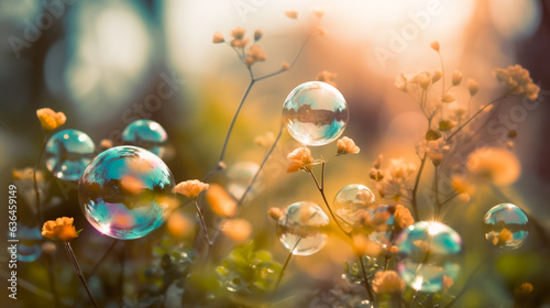Bright colored flowers. Soap bubbles. Magic light, bokeh. Illuminated by the light of sunset. Blurred background. Generative AI technology.