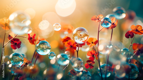 Bright colored flowers. Soap bubbles. Magic light, bokeh. Illuminated by the light of sunset. Blurred background. Generative AI technology.