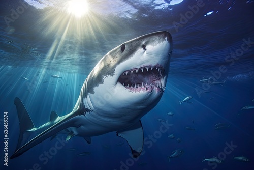 Great White Shark in blue ocean. Underwater photography. near water surface. © Shosho
