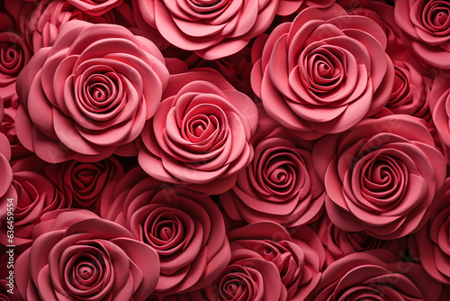 Pink roses in various shades and tightly packed, arranged in a repeating pattern, creating a soft, romantic background.