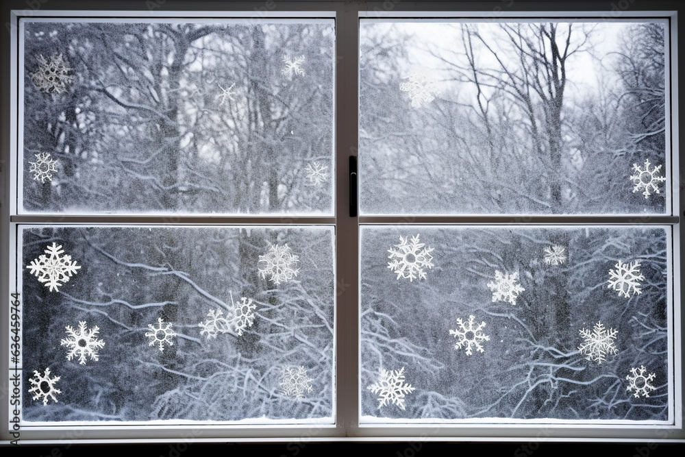 Winter window with snowflakes shape frost with the forest view. Generative AI