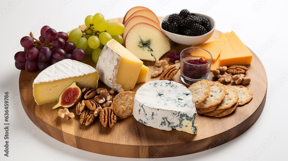 Different types of cheese on the round wooden board. Generative AI