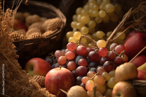 Grapes, apples, pines, harvest closeup. Generative AI