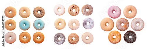 Small round dried cakes with a hole covered in powdered sugar isolated on a transparent background